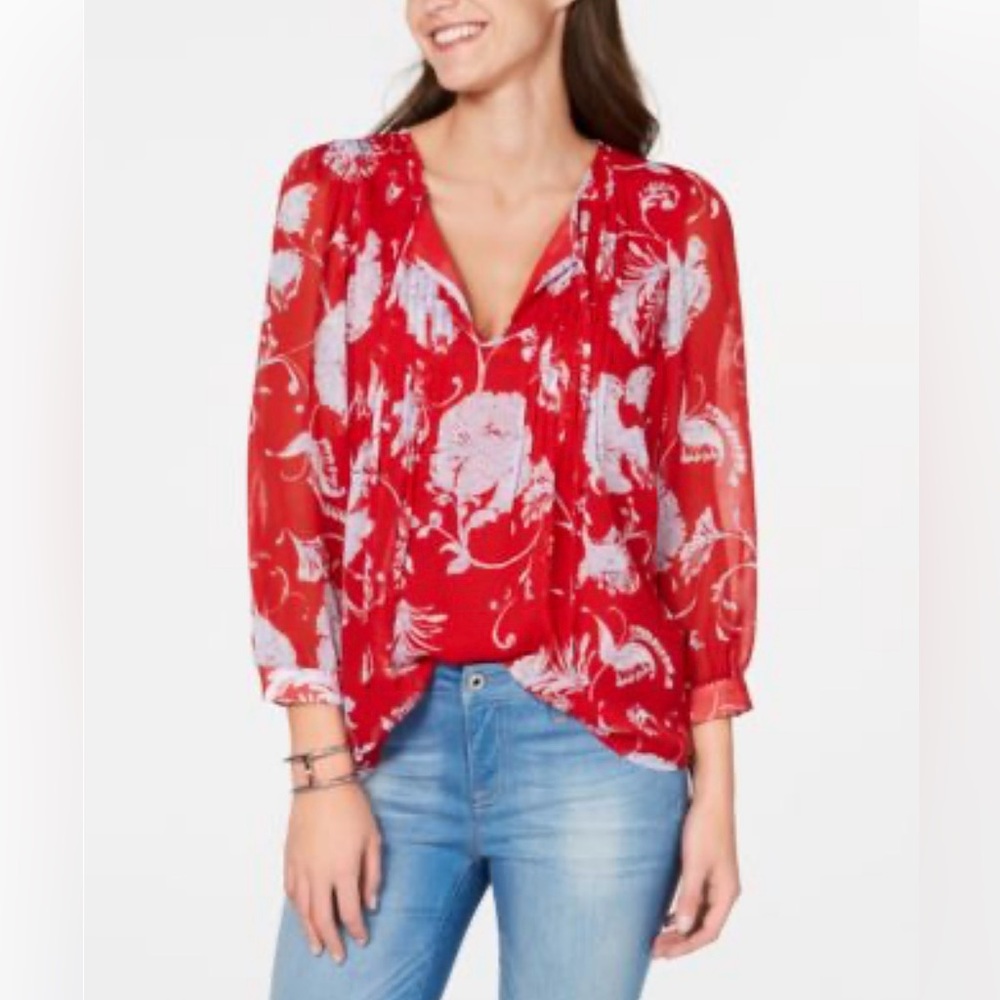 Tommy Hilfiger Blouse Top Pintuck Red Floral Neck Tie Size L